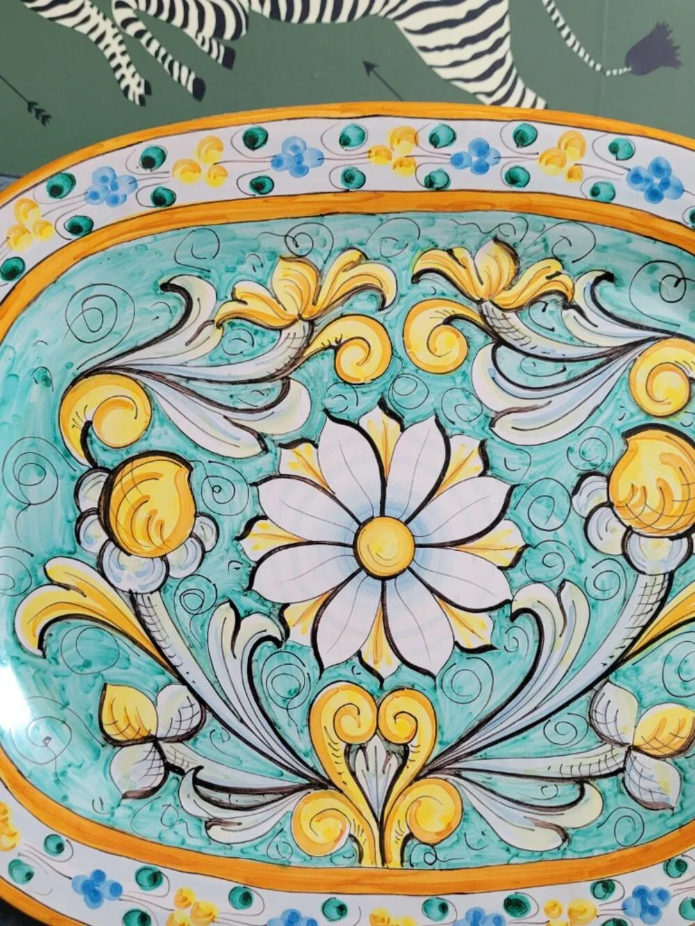 Caltagirone ITALIAN Ceramic Platter SIGNED 17 X 13 HAND PAINTED FLOWERS